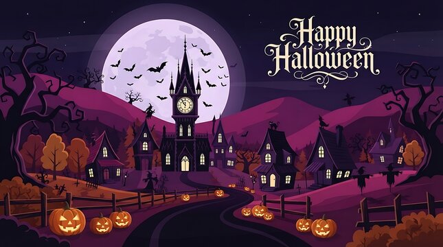 Spooky halloween night landscape featuring a haunted clock tower castle under a large full moon with glowing jack o lanterns