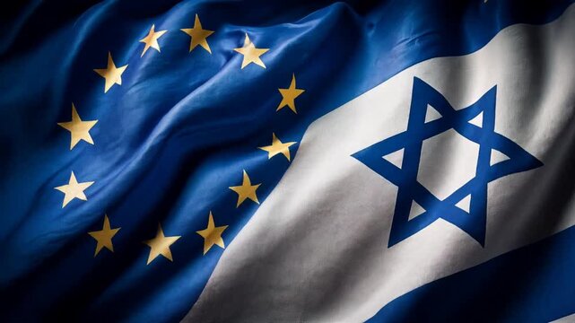 eu flag and israeli flag waving. relations between european union and israel