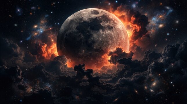 Fiery Moon Glowing in Dark Cosmic Clouds