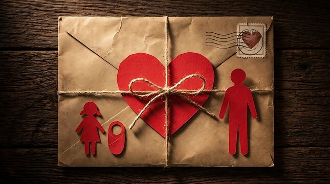 Family love concept with vintage envelope and paper cutouts on wooden background top view