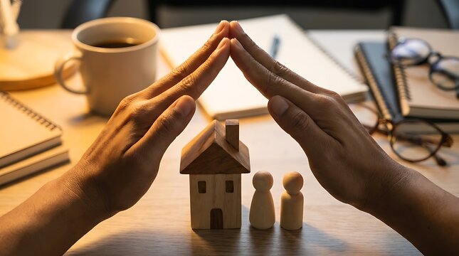 Hands protecting miniature wooden house and family figures as insurance and security concept