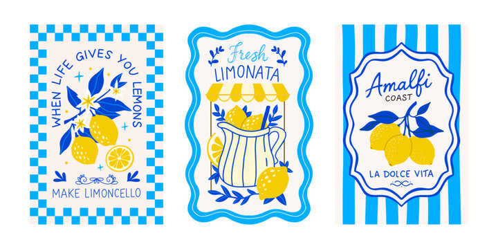 Lemon poster set Italian summer print. Amalfi coast Sicily limoncello limonata card collection. Mediterranean blue checkered yellow citrus fruit
