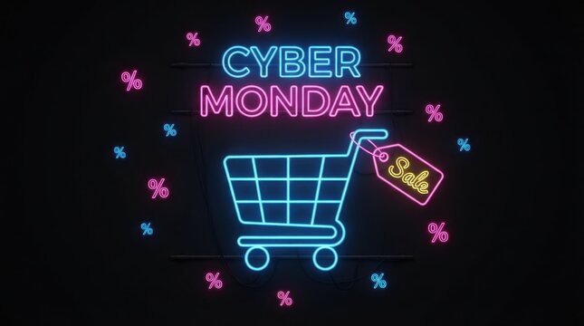 Neon Cyber Monday Sale Sign with Shopping Cart