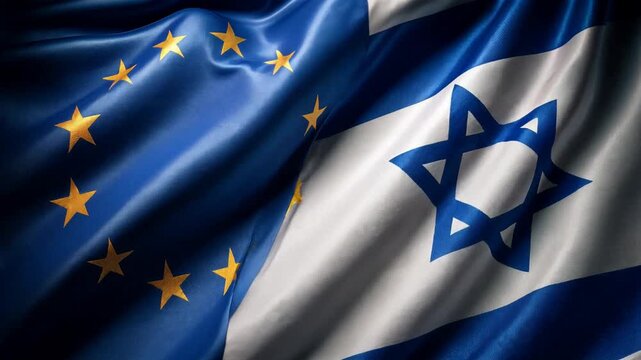 eu flag and israeli flag waving. relations between european union and israel