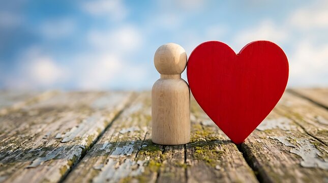 Wooden peg doll figure standing next to a red heart on weathered wooden planks outdoors