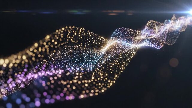 Luminous Wave of Particles: A mesmerizing display of iridescent particles forms a dynamic wave, glowing with ethereal light against a dark background.