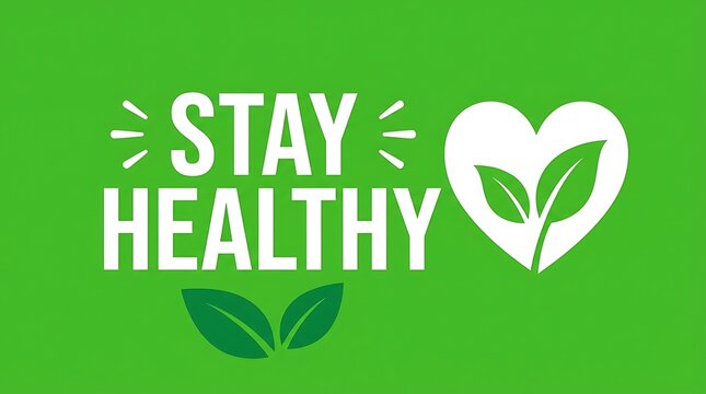 Stay healthy typography design with green leaves and heart illustration for wellness and nutrition