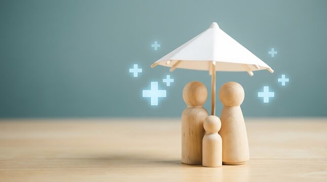 Family health insurance concept with wooden figures under a white umbrella and plus symbols