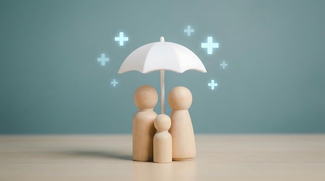 Medical health insurance for family with wooden pegs under umbrella and glowing care signs
