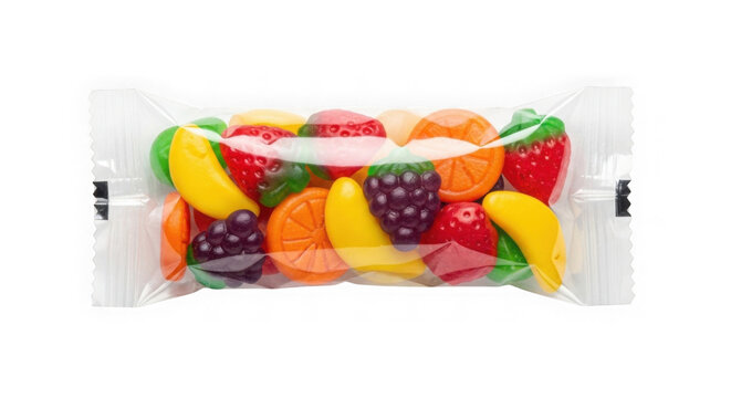 Assorted colorful gummy candies in clear plastic package. Bright fruit-flavored jelly sweets for confectionery and snack marketing.