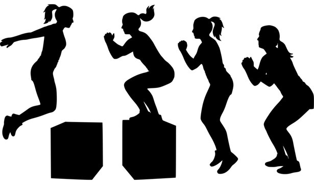 Athletic Women Box Jump Silhouette Collection for Fitness Training and Sports Exercise Vector Illustration