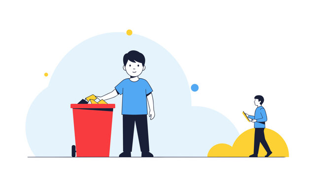 Young man throwing paper trash into a red recycle bin while another boy walks by carrying a documents folder.