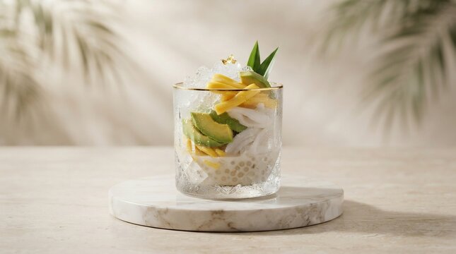 Refreshing tropical fruit dessert with ice and garnish