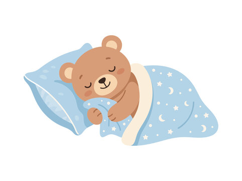 Cute cartoon teddy bear sleeping peacefully in bed with a blue blanket.
