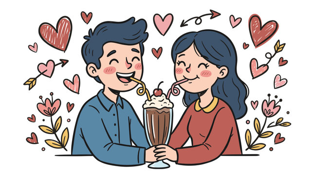 Couple sharing milkshake, drinking together, romantic date, valentine symbols