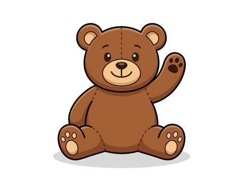 Cute cartoon brown teddy bear waving hello isolated on white background.