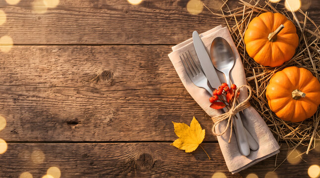Thanksgiving Table Setting with Pumpkins, Autumn Maple Leaf, Cutlery Wrapped in Napkin on Rustic Wooden Background with Copy Space and Bokeh Lights.