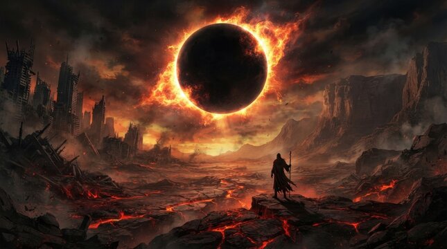 Apocalyptic Solar Eclipse over Fiery Volcano Landscape