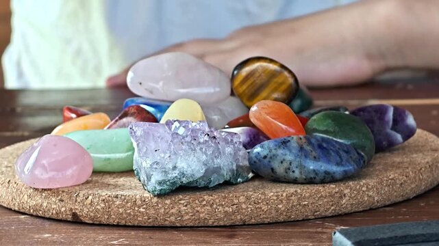Studying minerals. Natural minerals in a child's hand. Multicolored semi-precious stones and minerals in close-up. Mineralogy. Mineral collection.