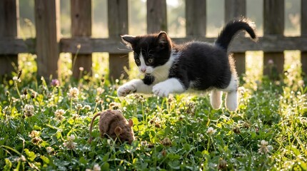 Obraz premium Dynamic Action Shot of a Tuxedo Kitten Pouncing in a Garden