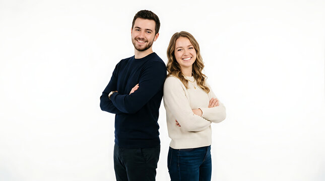 A man and woman wearing sweaters stand back-to-back with arms crossed, both smiling.