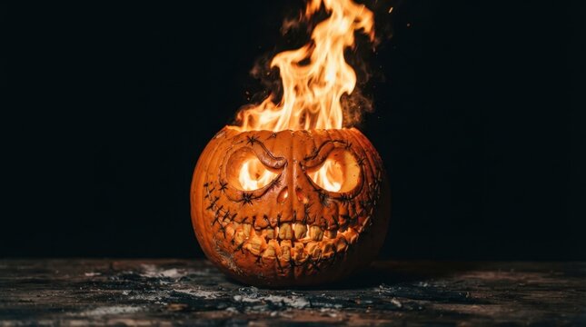Scary Jack Lantern Pumpkin Burning with Fire