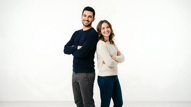 A man and woman stand back-to-back in sweaters with arms crossed, smiling confidently.