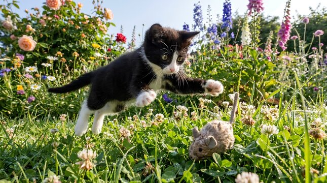 Dynamic Action Shot of a Tuxedo Kitten Pouncing in a Garden