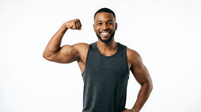 A happy Black man in a grey tank top flexes his impressive bicep, demonstrating his strength and fitness with a big smile.