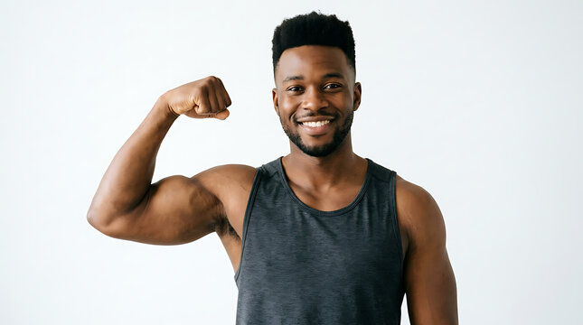 A smiling muscular Black man flexes his bicep proudly against a clean white background.