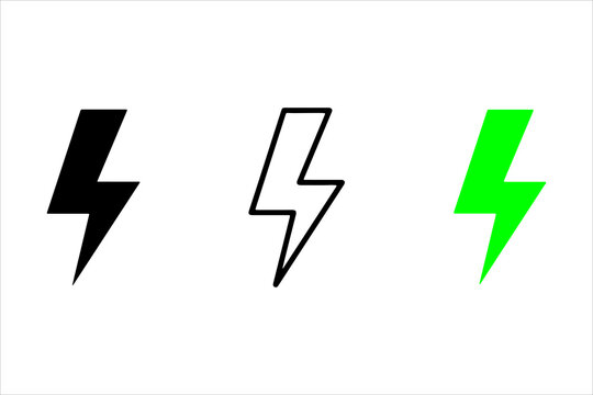 Set of three lightning bolt icons featuring solid black outline and vibrant green designs for minimalist digital and print interface symbols