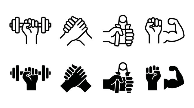 Gym fitness and workout vector line icons set including dumbbell handshake grip strength and biceps muscle dumbbell