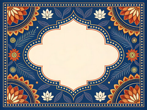 Indian cultural frame featuring tabla-inspired circles, lotus motifs and ornamental patterns, modern flat illustration style, deep blue, saffron and cream, completely blank center, symmetrical border