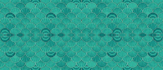 Intricate teal seashell pattern featuring elegant gold outlines arranged in a repeating artistic fish scale design © Arslan