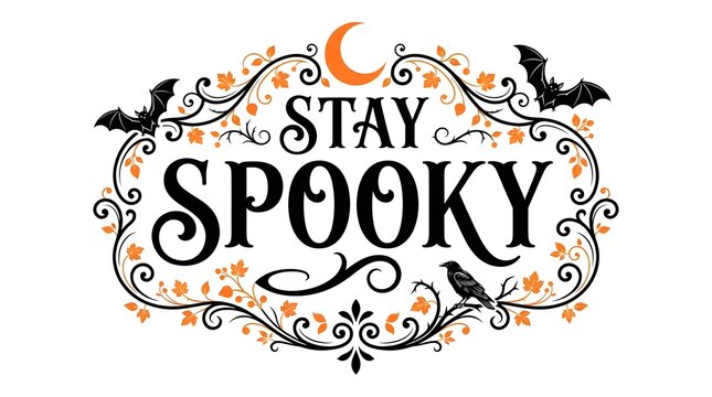 Stay spooky halloween calligraphy with crescent moon and silhouette bats design
