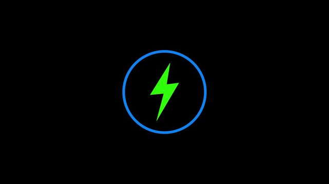 Glowing Green Lightning Bolt Power Icon with Blue Neon Circle for Electricity, Energy and Charging on Black Background, 4K video.