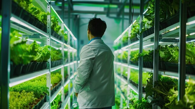 Agricultural scientist inspecting smart indoor hydroponic vertical farm rows
