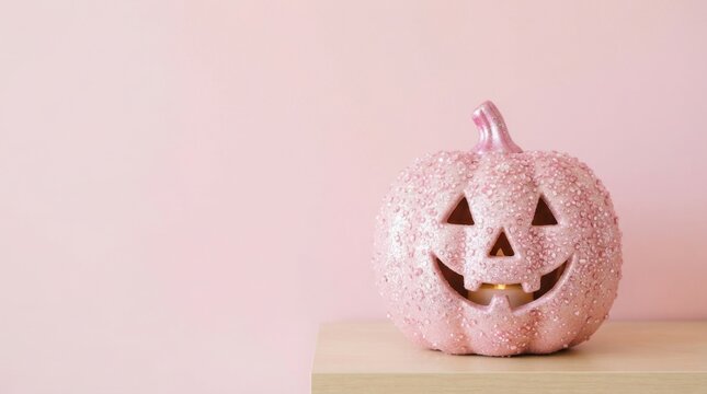 Pink Glitter Halloween Pumpkin on Wooden Table