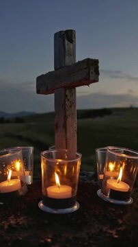 Vertical video: Pulling camera revealing cross on hilltop at dusk to show hills, votives flickering