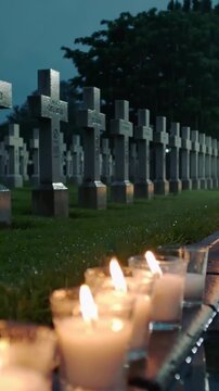Vertical video: Pulling back camera showing glass votives on wet ledge near crosses in memorial