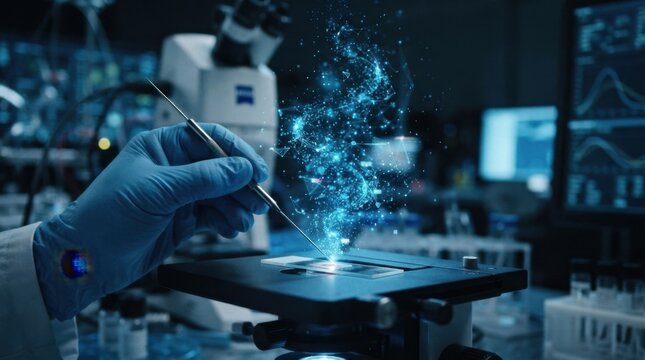 Scientist Adjusting Microscope with Glowing Energy Effect