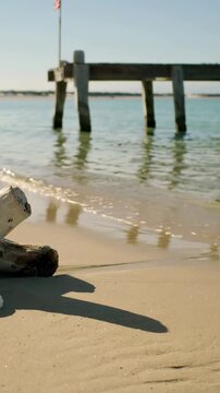 Vertical video: Sunlight shifting, waves revealing bleached log on sandy shore by pier, copy space