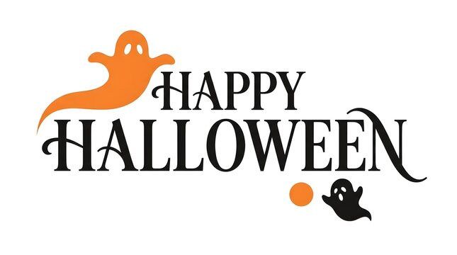Festive happy halloween lettering with a friendly ghost and pumpkin illustration