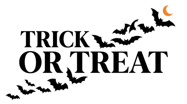 Vintage halloween graphic with trick or treat text and flying bats illustration
