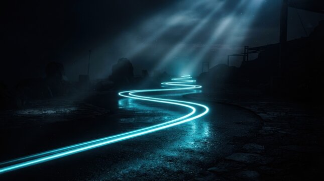 Glowing Cyan Light Path in Dark Alleyway