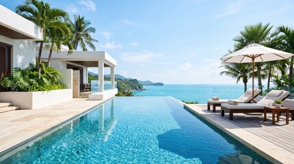 Fototapeta premium Infinity pool overlooks the tropical ocean at a luxury resort villa.