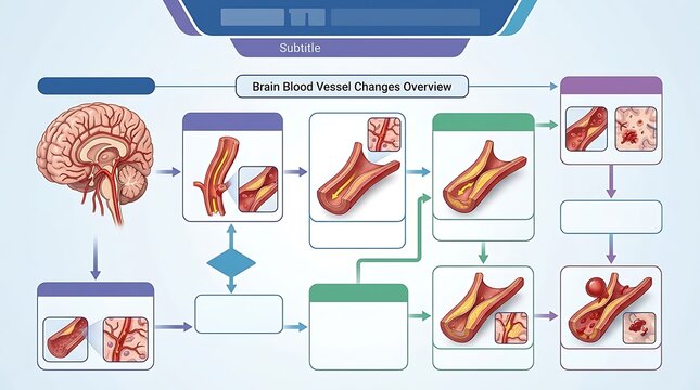 Medical infographic showing brain blood vessel pathology stages