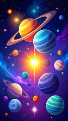 Naklejka premium Abstract digital art of glowing colorful planets in space.