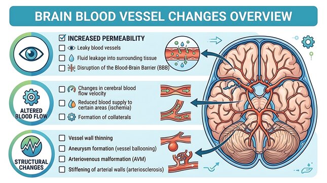 Medical infographic of brain blood vessel changes and vascular conditions