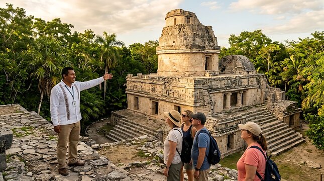 Male tour guide explaining ancient mayan ruins to tourists